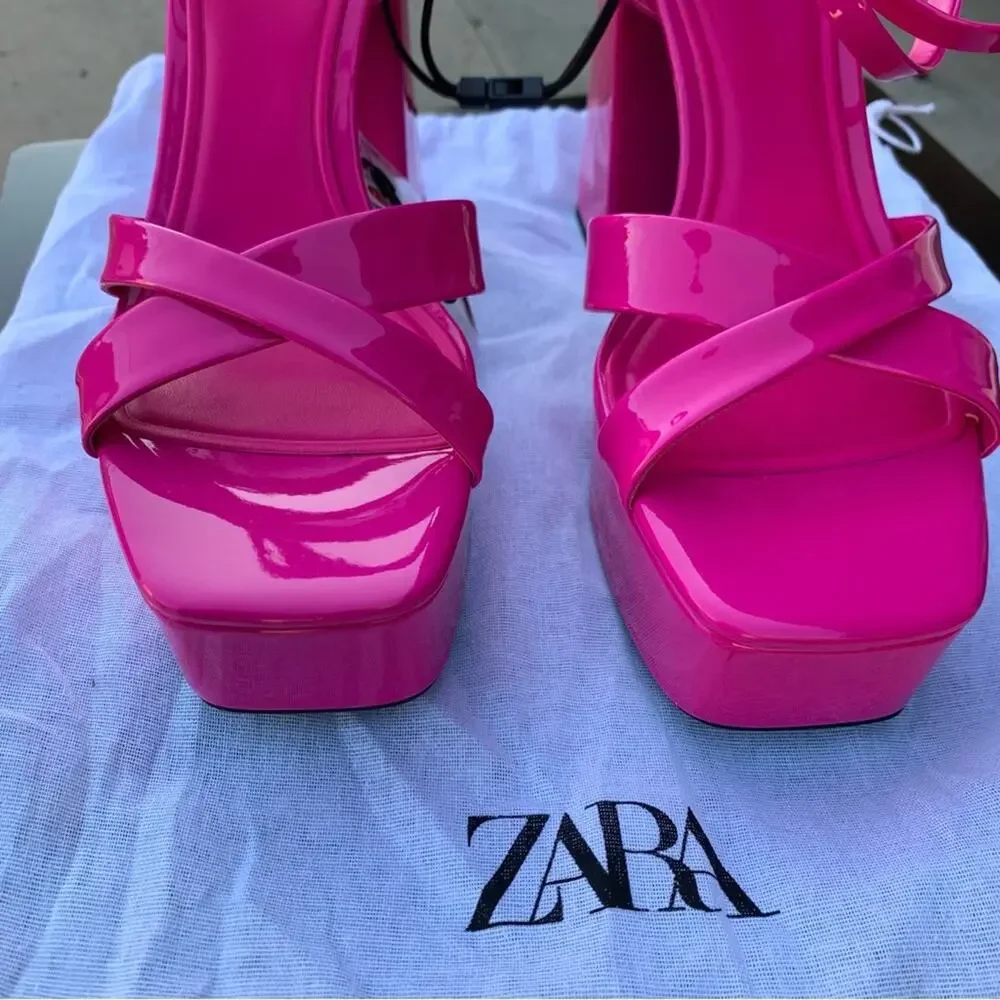 ZARA NEON BARBIE PINK PATENT STRAPPY CHUNKY PLATFORM HEEL SANDALS SIZE 9